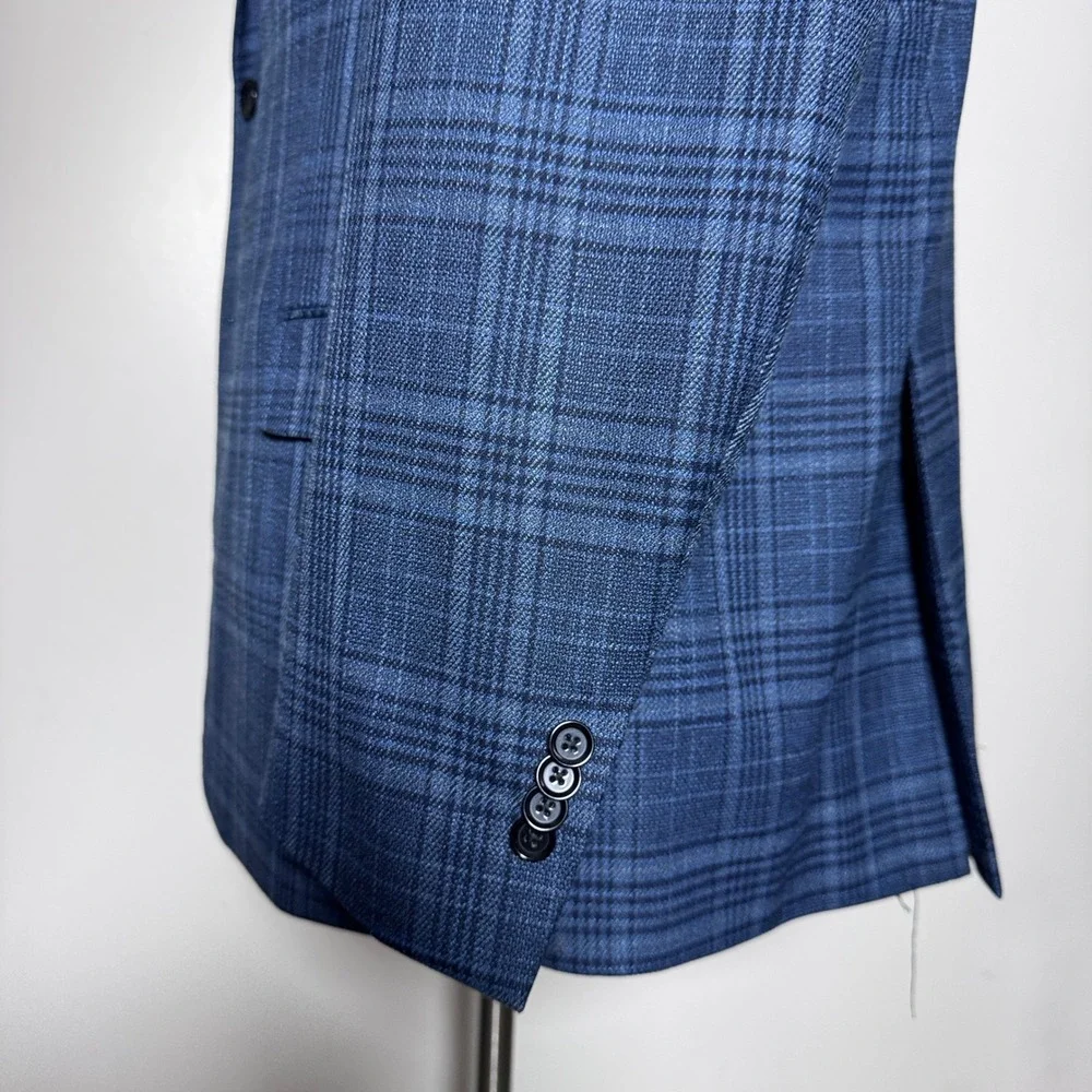 Paul Fredrick Blazer Mens 50L Navy Plaid Two Button Notch Lapel JHU008W